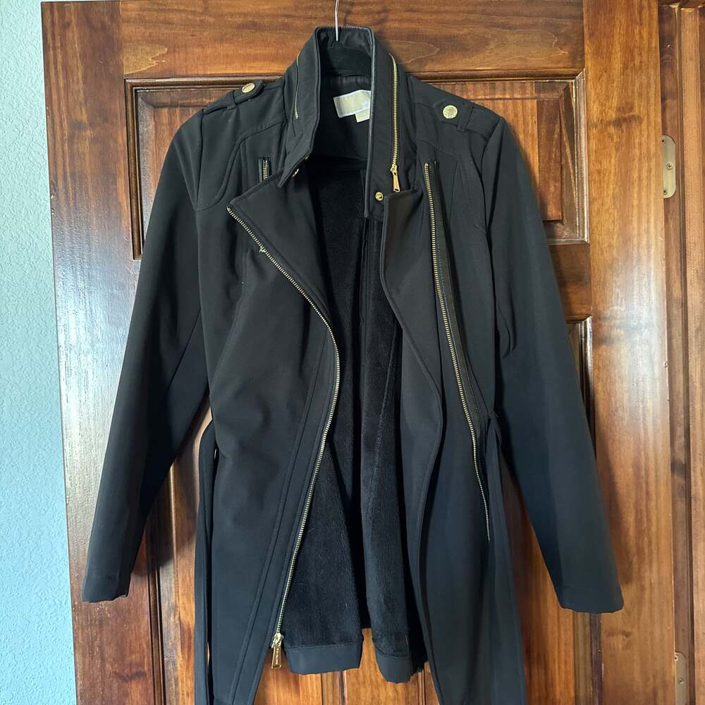 Michael Kors Black Asymmetrical Zip Belted Trench Coat